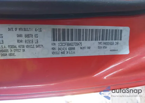 2016 Dodge Dart Sxt z USA, uszkodzony, nr VIN 1C3CDFBB0GD728475